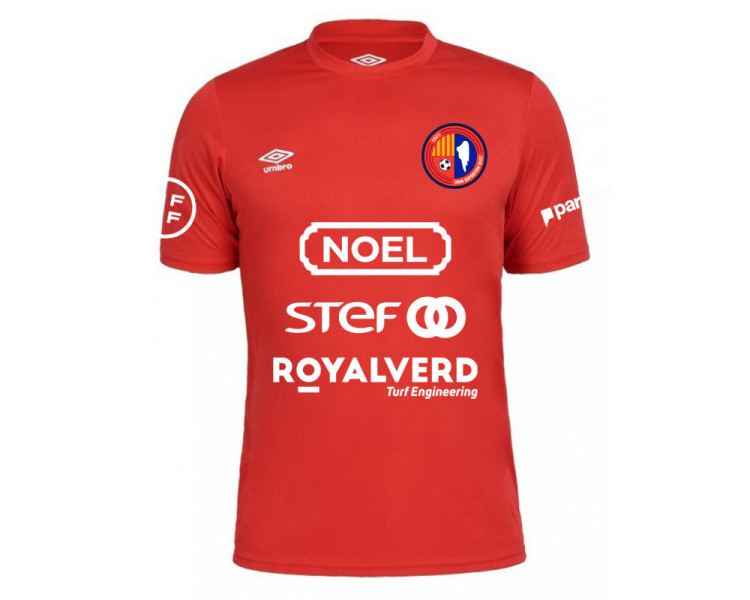 Camiseta primera equipación fútbol UE Olot Umbro Oblivion en color rojo.